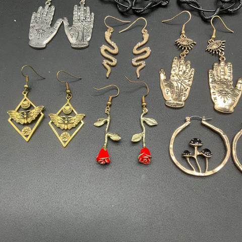 Mystical Celestial Theme Costume Earring Lot 11 Pairs Snake Moon Hamsa Rose