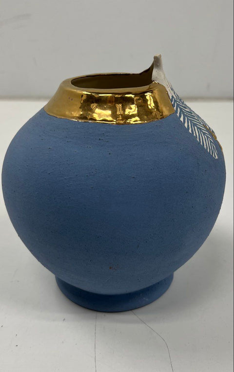 Vintage Blue Ceramic Art Pottery Vase Gold Gilded Rim Leaf Motif 8 Inch