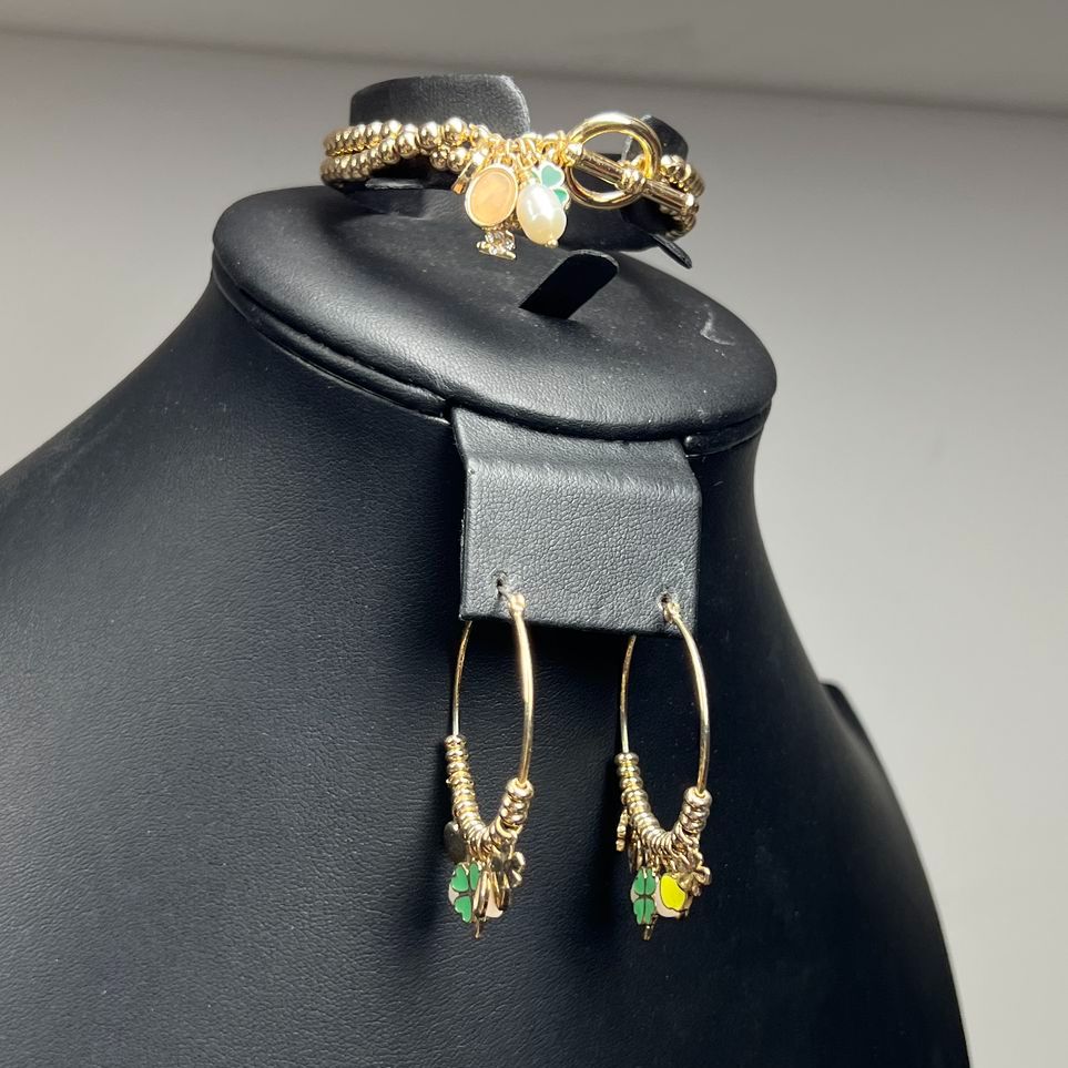 Loft Shamrock St Patrick's Day Gold Tone Earrings and Bracelet Charm Set