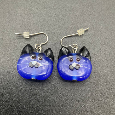 Vintage Handmade Art Glass Lampwork Cat Necklace & Earrings Jewelry Set