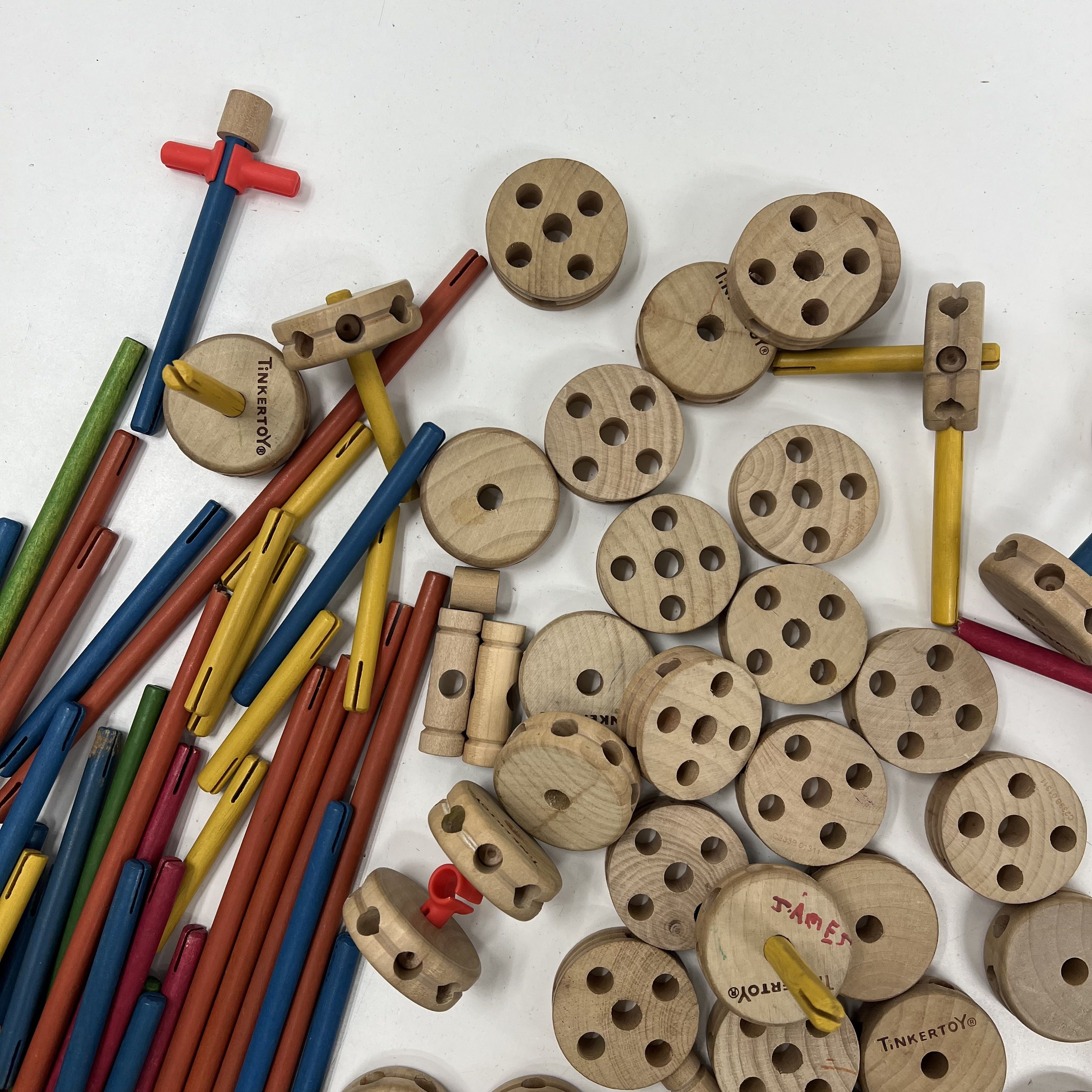 Vintage Tinkertoy Lot Wood & Plastic Pieces Mixed Construction Building Set