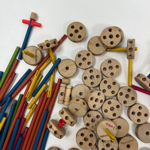 Vintage Tinkertoy Lot Wood & Plastic Pieces Mixed Construction Building Set
