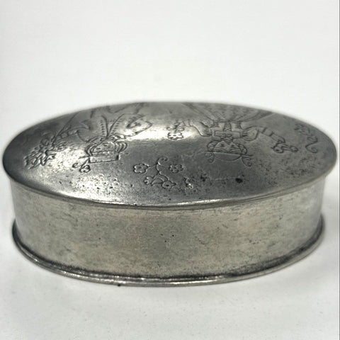 Rein Zinn Pewter Trinket Box German Folk Art Boy Girl Etched Scene Vintage