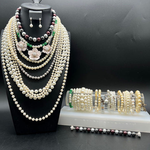 Vintage & Modern Faux Pearl Costume Jewelry Lot 22 Pieces Necklaces Bracelets