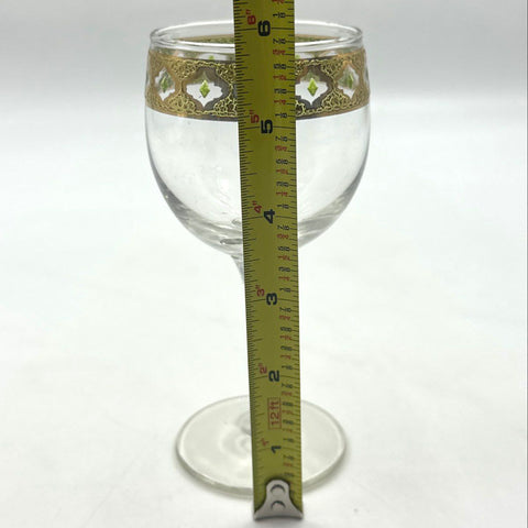Vintage Mid-Century Gold Encrusted Wine Glasses 5 Piece Lot Geometric Pattern