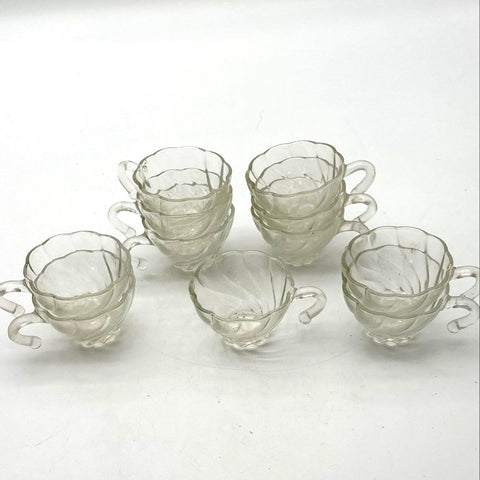 Pressed Glass Clear 11 Piece Lot Punch Bowl Cups Swirl Pattern Vintage