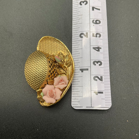 Vintage 1928 Jewelry Co Gold Tone Hat Brooch Pink Porcelain Roses Victorian