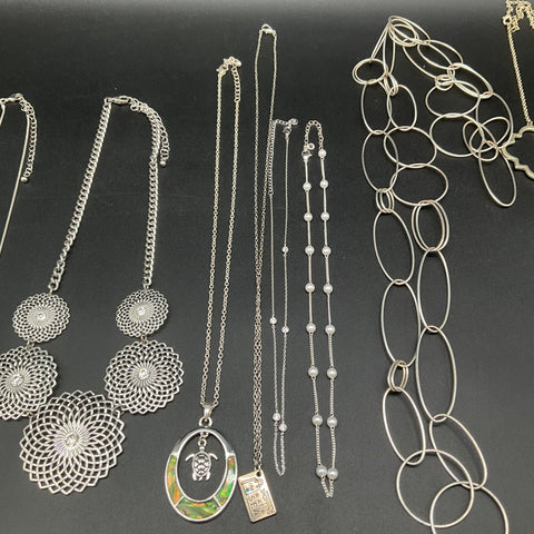 Vintage to Modern Costume Jewelry Lot 11 Necklaces Silver Tone Statement Pieces