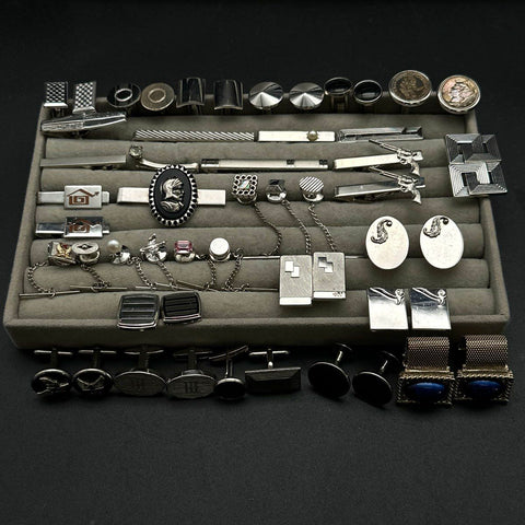 Vintage Mens Jewelry Lot Cufflinks Tie Bars Tacks Silver Tone Retro 40+ Pieces