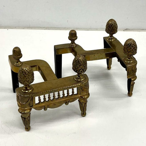 Antique Federal Revival Brass Andirons Fire Dogs Pineapple Finial Pair