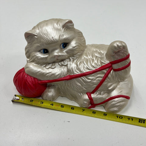 Vintage Ceramic Persian Cat Figurine Playing w/ Red Yarn Pearlescent Finish