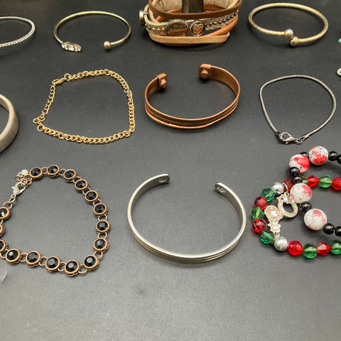 Mixed Costume Jewelry Lot of 24 Bracelets Cuffs Bangles Beaded Religious Fashion