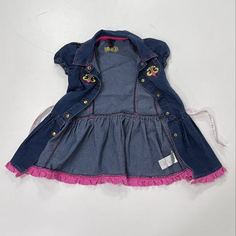 Dereon Girls Blue Denim Dress Pink Eyelet Ruffle Hem Logo Belt Size 4T