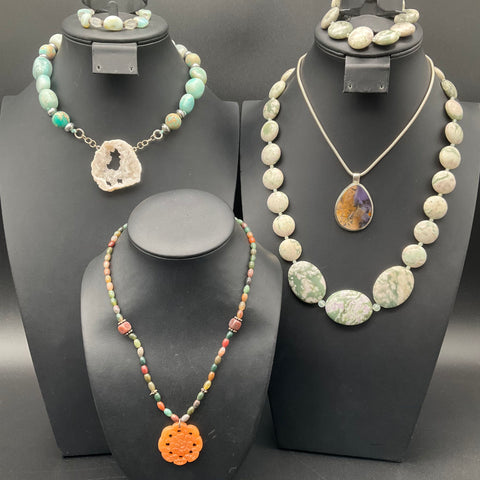 Vintage Sterling Silver 925 Natural Stone Geode Dendritic Jewelry Lot 6pc