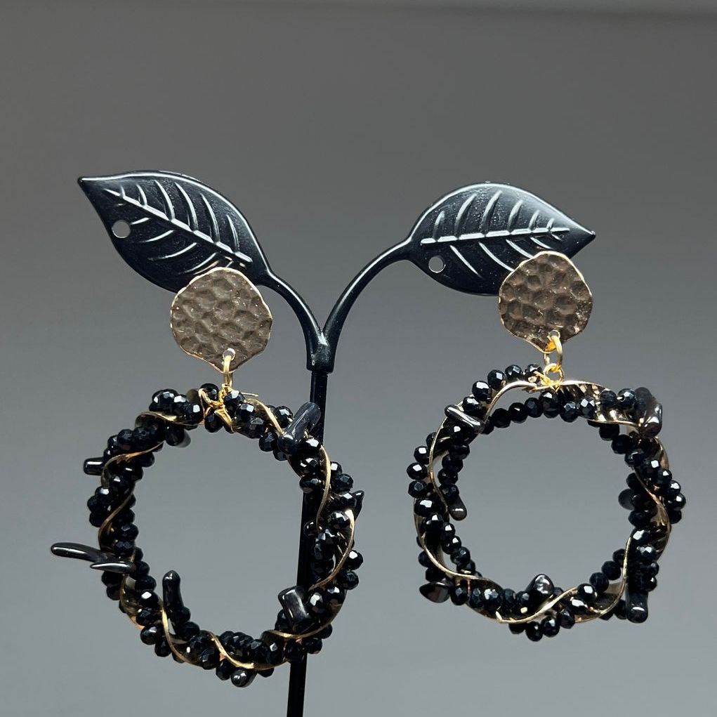 Black Glass Black Coral Beaded Dangle Hoop Earrings NIB