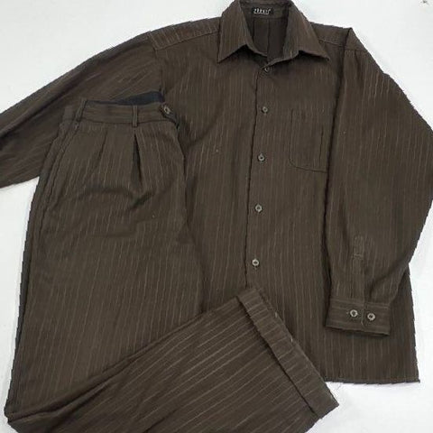 Vintage Y2K Pronti Men's Two Piece Set Brown Pinstripe Shirt Pants Outfit L