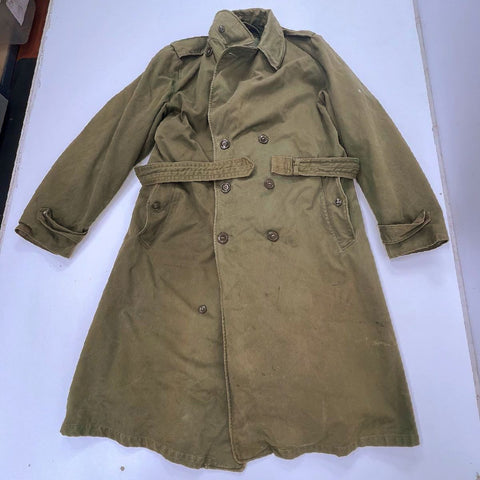 Vintage Military Issue OD Green Trench Coat Men's Sateen Wool Lined Large Long