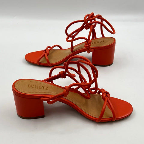 Schutz Vicky Mid Flame Orange Leather Lace Up Block Heel Sandals Size 8B