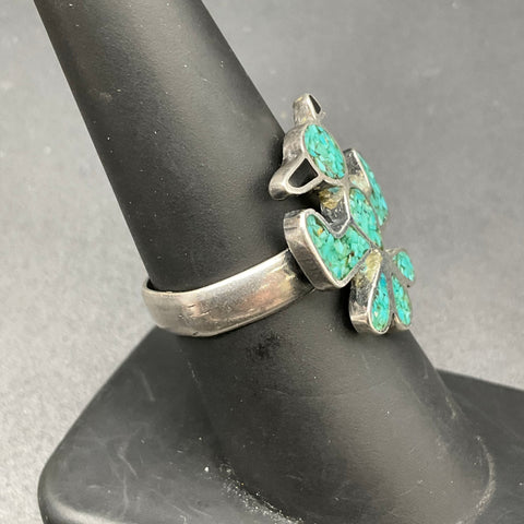 Vintage Silver Tone Turquoise Chip Inlay Bird Ring Southwestern Style Size 7.5