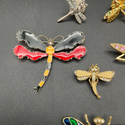 Vintage Dragonfly Brooch Pin Lot of 6 Rhinestone Enamel Gold Silver Tone