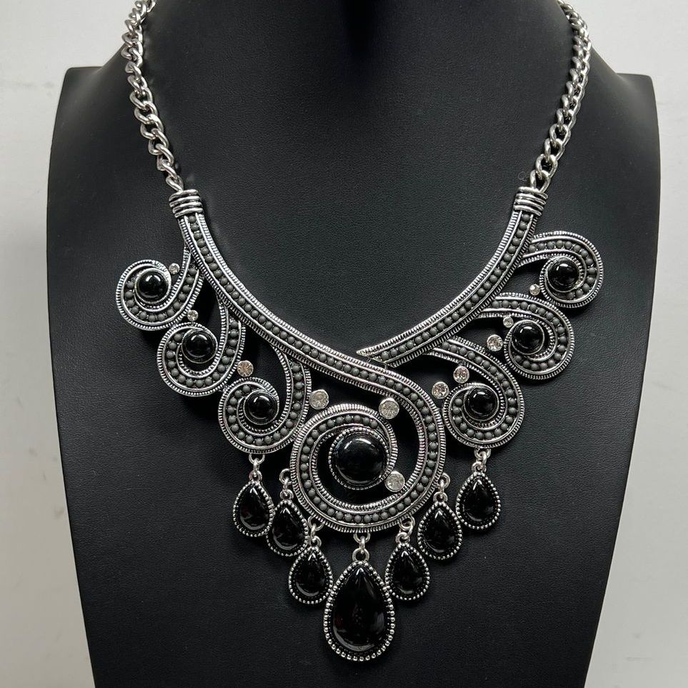 Black & Clear Stone Silver Tone Statement Necklace