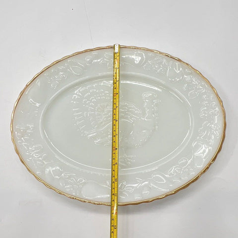 Anchor Hocking Turkey Serving Platter Milk Glass Gold Trim Thanksgiving 15" 2790