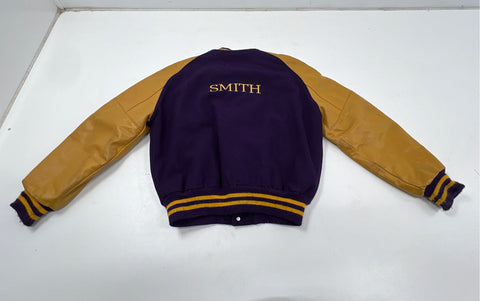 DeLong 2008 Varsity Letterman Jacket Purple Gold Leather Sleeves Made USA Sz L
