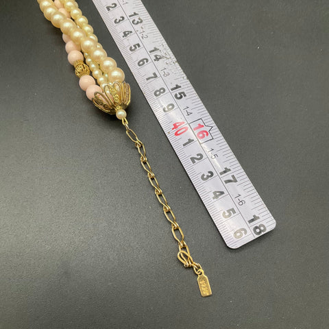 1928 Jewelry Gold Tone Faux Pearl Pink Bead Multi Strand Necklace 16"