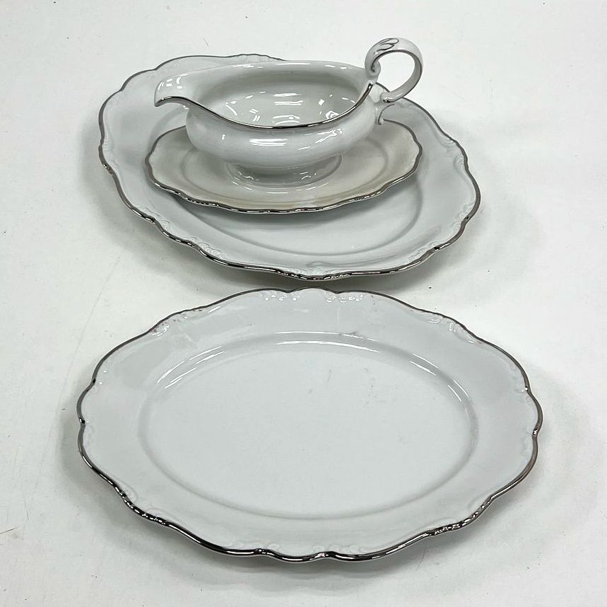 Vintage Johann Haviland Platinum Baroque Serving Platter Gravy Boat Lot 3pc