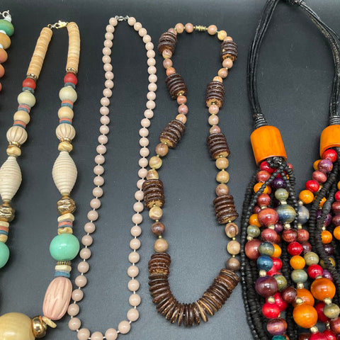 Boho Ethnic Wood Bead Jewelry Lot of 6 Necklaces Tribal Multi-strand Eclectic