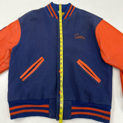 Vintage 80s Kaye Bros Varsity Letterman Wool Orange Leather Jacket Sz XL
