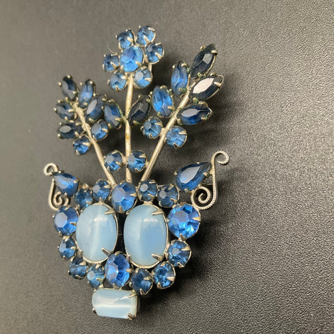 Vintage Silver Tone Blue Rhinestone Faux Moonstone Flower Basket Brooch Pendant