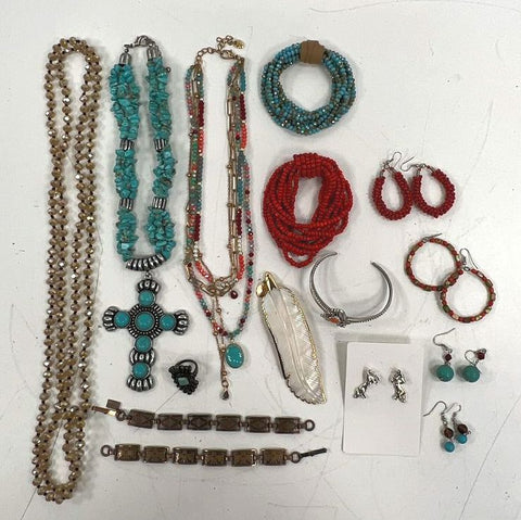 Lot 14pc Southwestern Style Jewelry Faux Turquoise Coral Cross Feather Horses