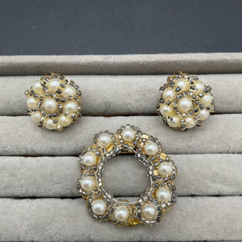 Vintage Faux Pearl Seed Bead Wreath Brooch and 2 Pair Clip On Earrings Lot