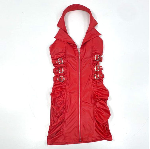 Lydia U.S.A. Women's Red Halter Full Zip Ruched Mini Dress Buckles Sz S