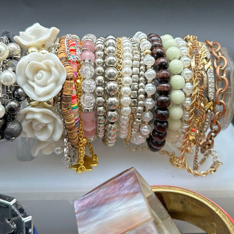 Vintage to Modern Costume Jewelry Lot 40pc Bangles Beaded Cuffs KC Royals Charm