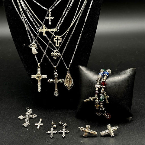 Religious Costume Jewelry Lot Silver Tone Cross Pendants Necklaces Earrings