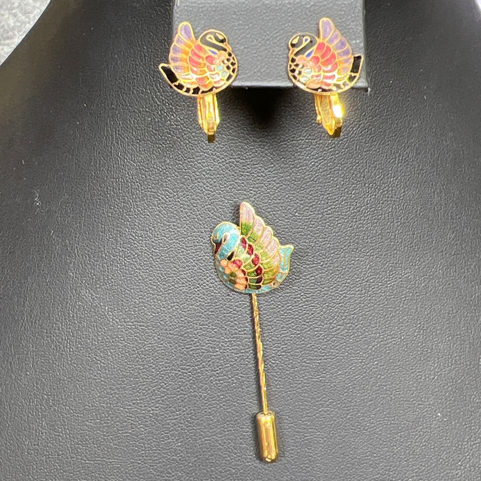 Swan Cloisonné Clip On Earrings and Straight Pin Set