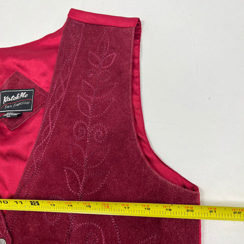 Vintage 90s Katch Me Burgundy Suede Leather Embroidered Western Vest Women's XL