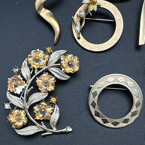 Vintage to Modern Costume Jewelry Lot 11pc Gold Tone Brooches Rhinestone Enamel