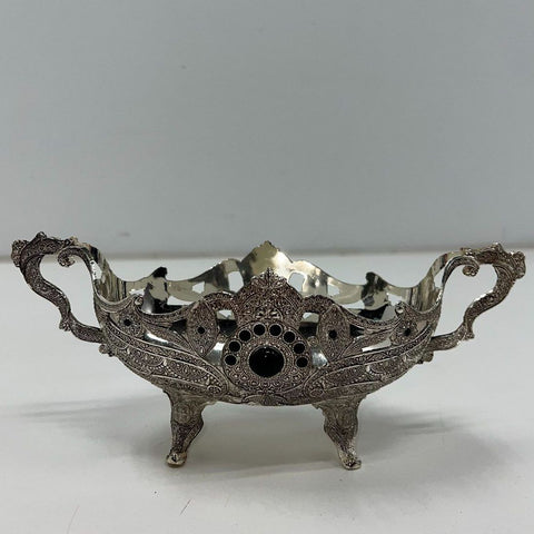 Vintage Ornate Filigree Silver Tone Footed Bowl Black Stone Centerpiece