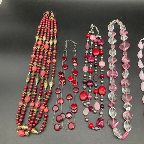 Mixed Costume Jewelry Lot of 9 Necklaces Pink Red Beaded Multi-Strand Statement