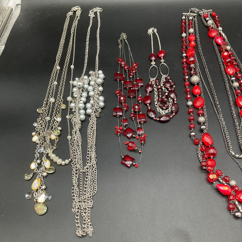 Costume Jewelry Necklace Lot of 6 Beaded Layered Fringe Red Silver Tone