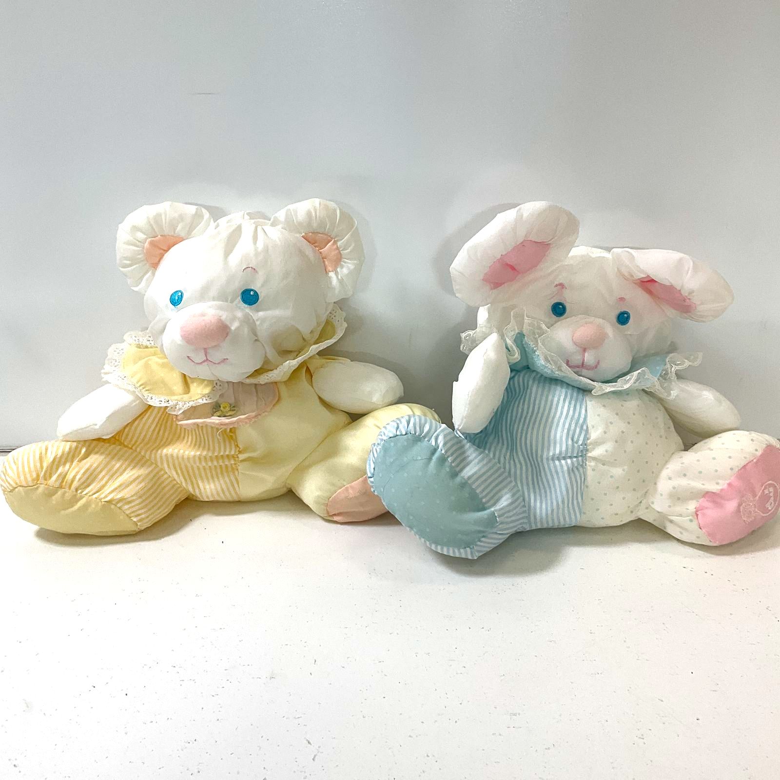 2 Vintage Fisher Price Puffalump Mouse Baby Rattle Stuffed Animals Yellow Blue