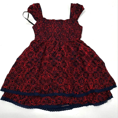 Free People Women's Red Black Combo Smocked Tiered Eyelet Mini Dress NWT Sz S