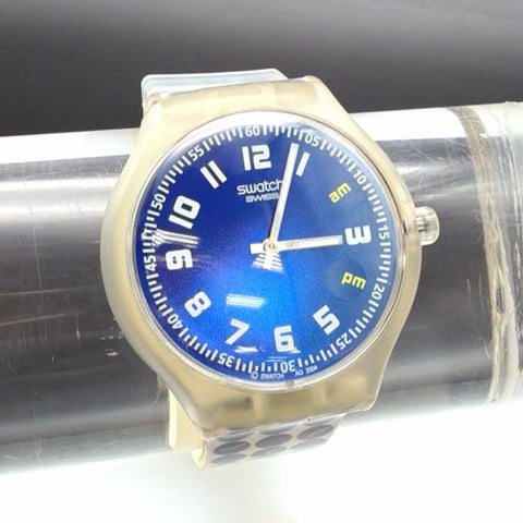 Vintage 2004 Swatch Swiss Quartz Watch Blue Dial AM/PM Indicator Dotted Strap