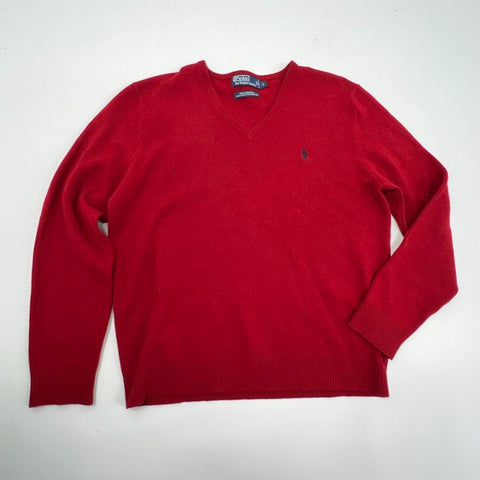 Polo Ralph Lauren Men's Sweater Red Lambswool V-Neck Embroidered Pony Size L