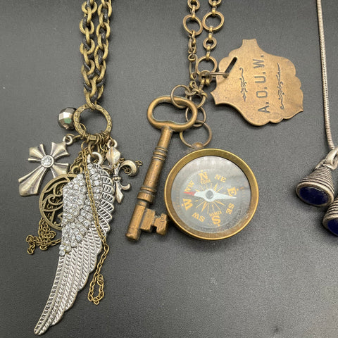 Boho Steampunk Assemblage Jewelry Lot 4 Necklaces Compass Key Rhinestone Wing
