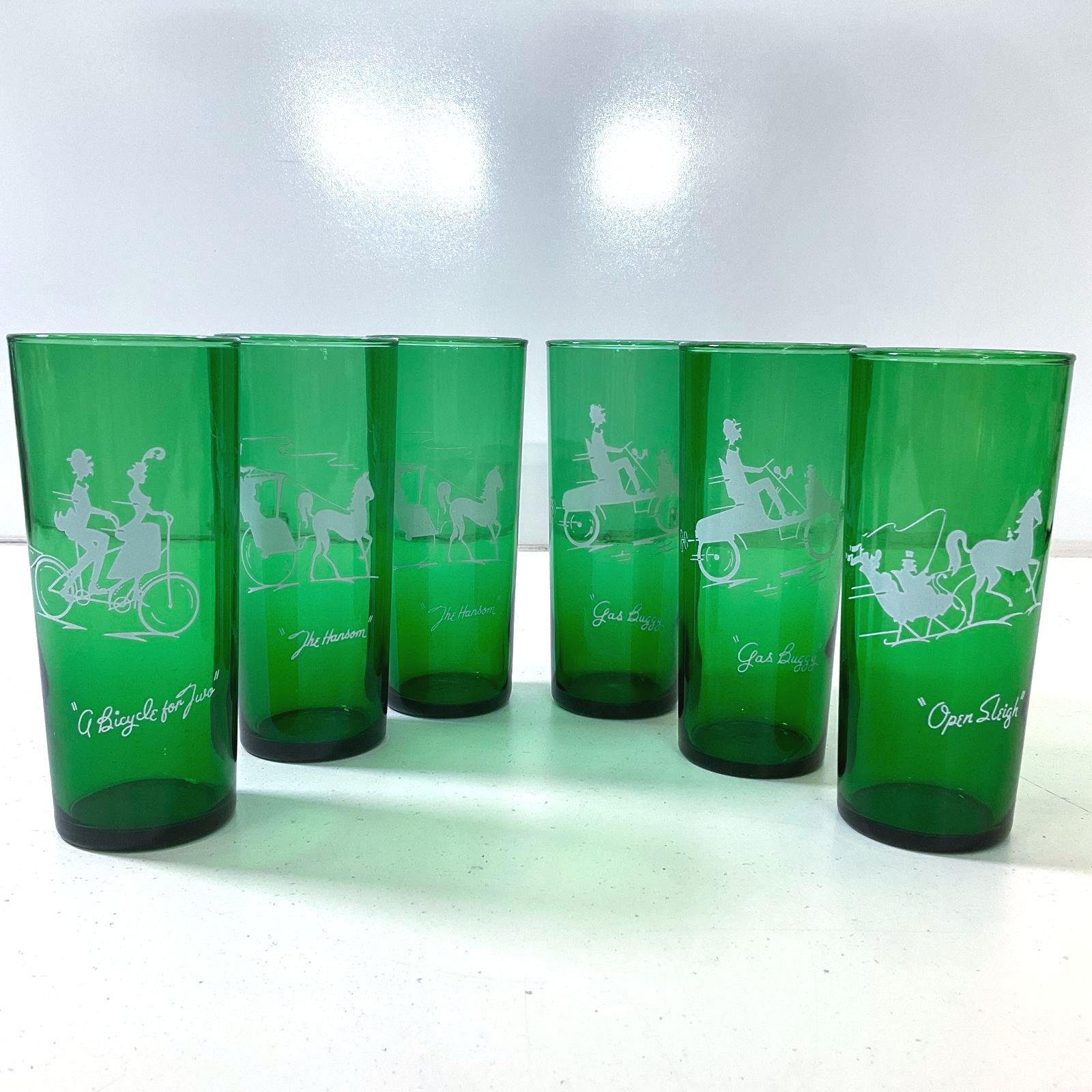 Set Of 6 Vintage Anchor Hocking Gay 90s Forest Green Collins Tumbler Glasses
