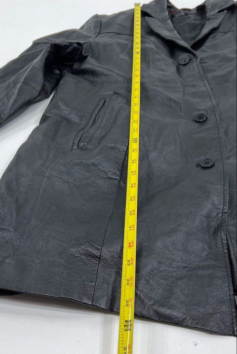 Vintage 90s Phase Two Black Leather Button Front Long Jacket Coat Sz 1XL